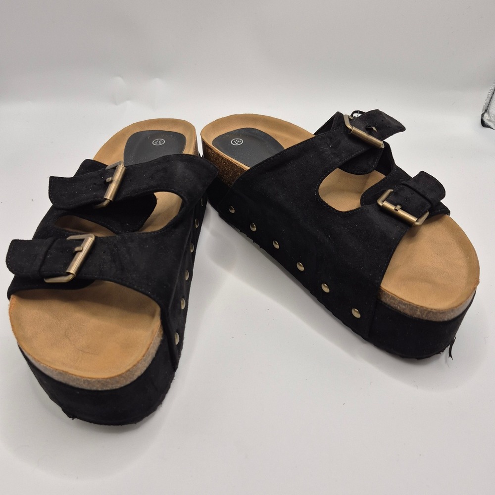 Black Faux Suede Double Buckle Platform Slide Sandals Studded Size 37